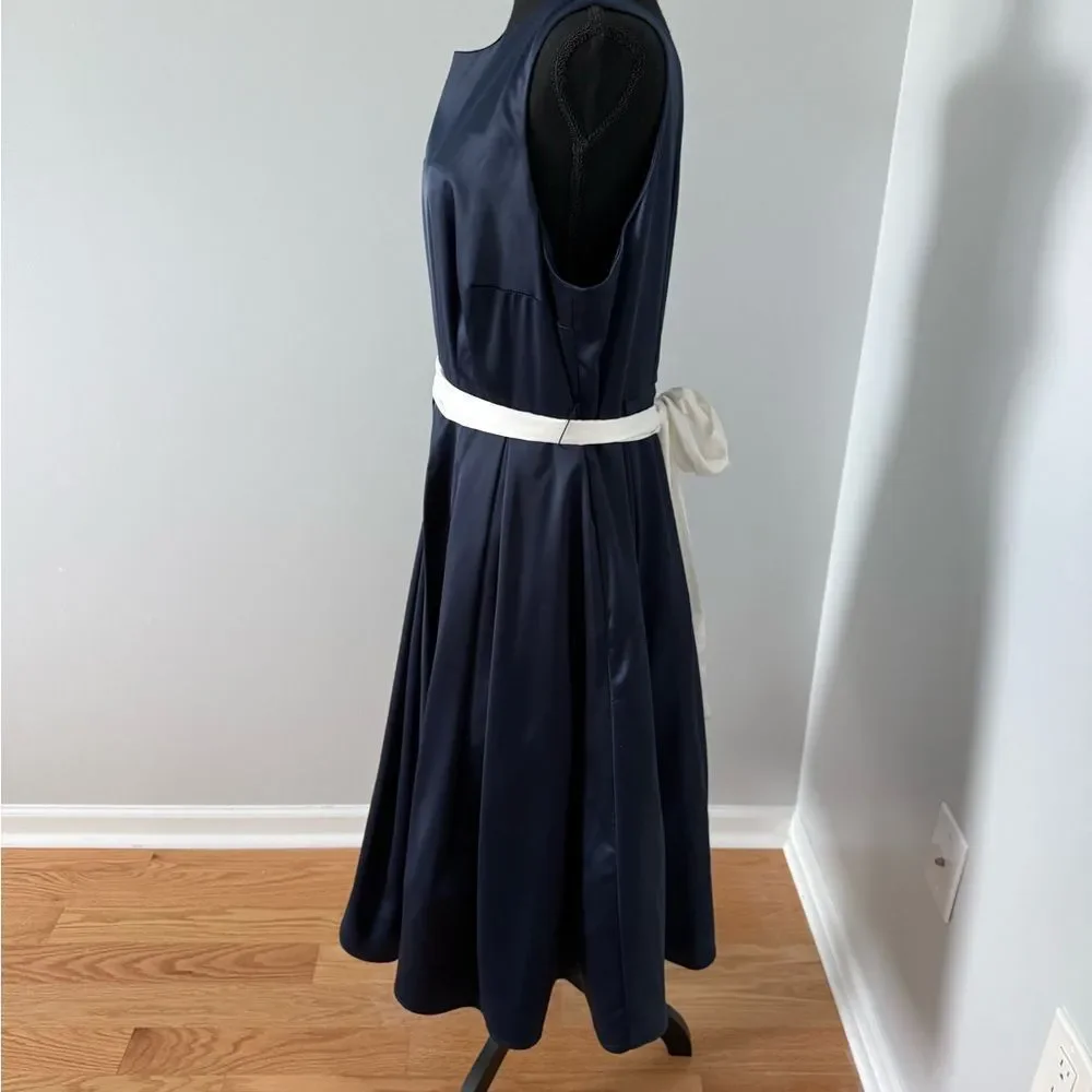 Collectif Navy Satin Formal Dress with White Belt - Picture 6 of 12